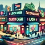 A city street scene in Texas City shows brightly lit storefronts for payday loans, quick cash, and similar financial services. People walk on sidewalks and cars drive past the shops as skyscrapers rise in the background.