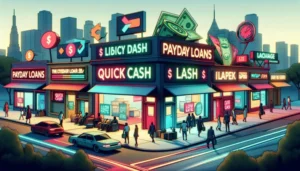 A city street scene in Texas City shows brightly lit storefronts for payday loans, quick cash, and similar financial services. People walk on sidewalks and cars drive past the shops as skyscrapers rise in the background.