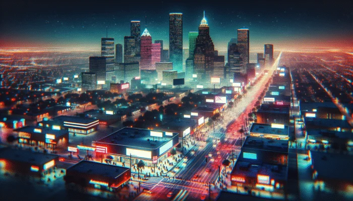 Aerial view of Texas cities with payday loan billboards, neon signs, and people with loan envelopes.