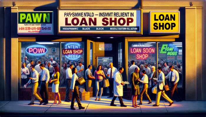 A busy Fort Worth street with payday loan shops, showing both immediate relief and long-term financial stress among people.