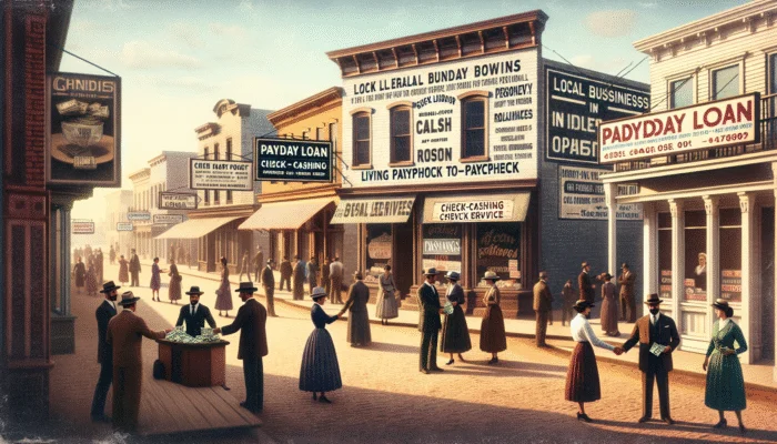 Early 20th-century Texas payday loans: local businesses offer quick cash based on trust and personal relationships.