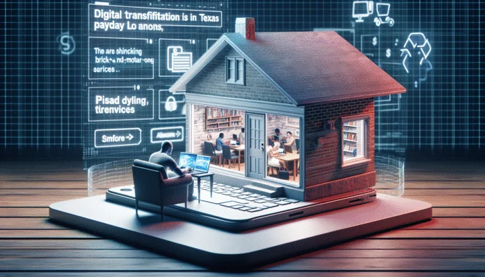 Person using laptop at home to apply for online payday loan, traditional store fading in background.