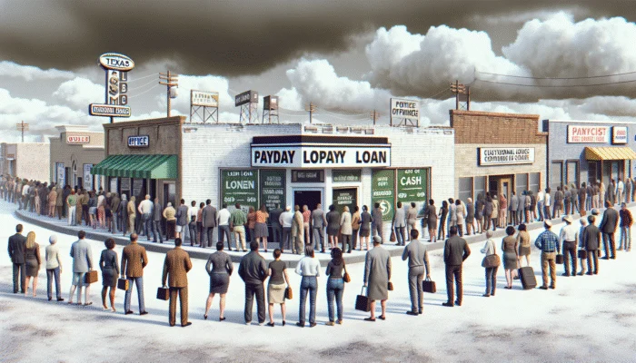 People lining up at a payday loan store in Texas during an economic downturn, under cloudy skies.