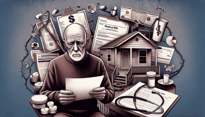 An elderly Texas retiree with a Payday Loan application, surrounded by medical bills, home repairs, and utility notices.