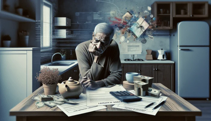 Elderly Texas retiree worried at kitchen table with bills, payday loan contract, and gloomy financial chart.