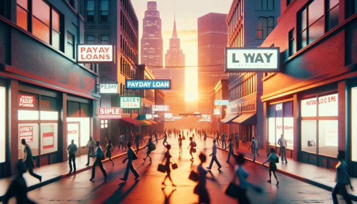 A busy Texas city street at sunset with signs for quick payday loans and people rushing into loan offices.