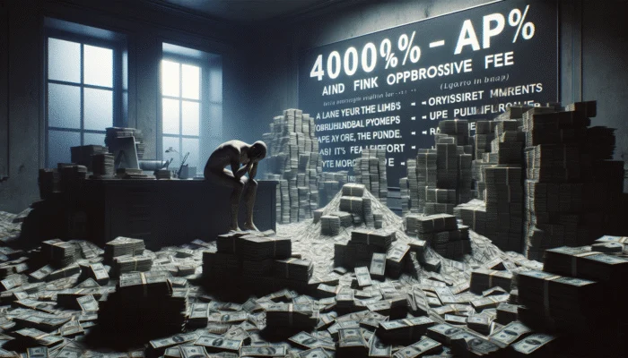 A distressed person amidst towering cash stacks, ominous signs showing "400%-600% APR" and fee labels in a dark financial office.