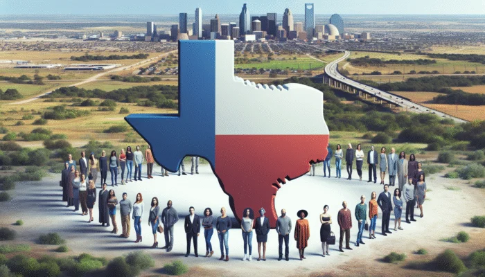 Diverse group in Texas with payday loan options sign, skyline and rural landscapes.