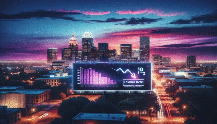 Texas skyline at dusk with a billboard advertising payday loans with lower rates and a decreasing interest rate graph.