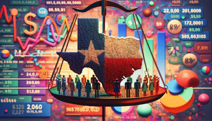 A scale balancing Texas map, credit scores, loan documents, and demographics against fluctuating interest rate graphs.