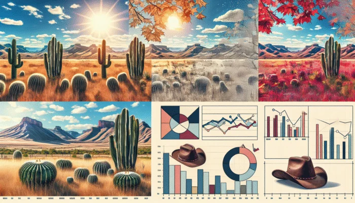 A Texas landscape with cacti and cowboy hats, overlaid with graphs showing payday loan rates by season.