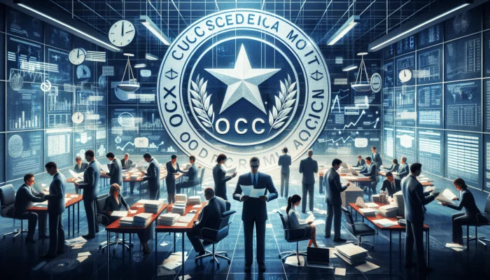 Texas OCCC office overseeing credit market, auditors reviewing documents, consumers filing complaints.