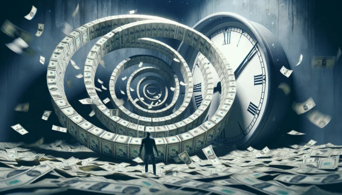 A person trapped in a vortex of cash, surrounded by bills and a clock, symbolizing payday loan debt cycle.