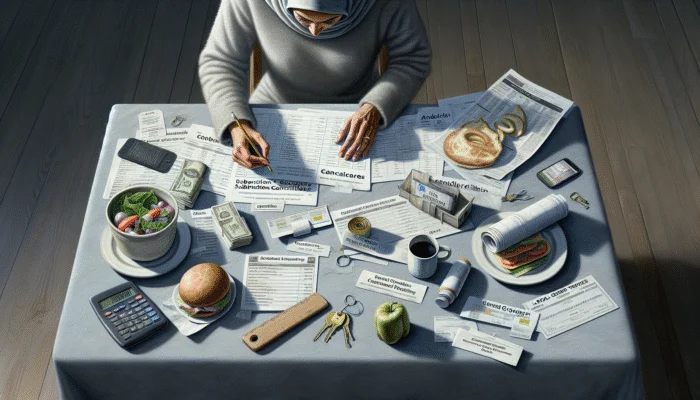 Person reviewing budget spreadsheet, surrounded by symbols of expense reduction strategies for loan management.