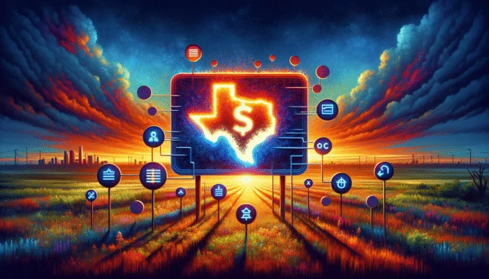 A Texas landscape with a Payday Loans sign and loan terms under a sunset sky.
