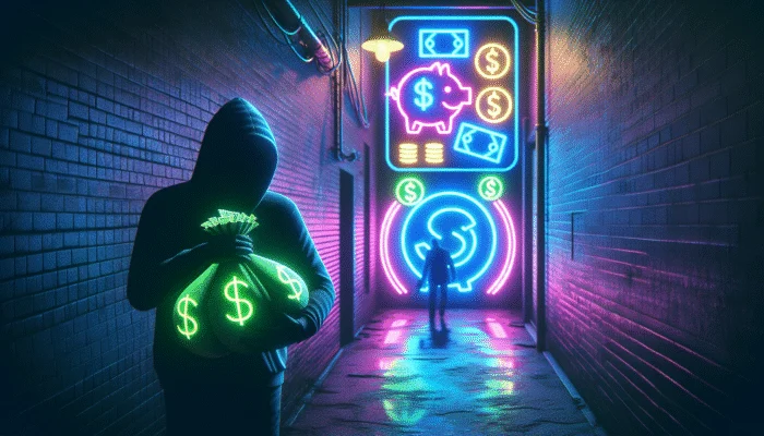 Shadowy figure in alley with cash, neon "Payday Loans" sign, symbolizing anonymity and secrecy.
