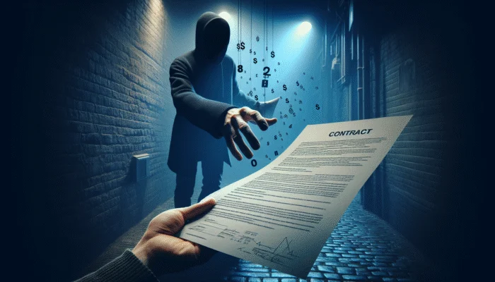 A shadowy figure in a dark alley offering a contract, symbolizing risks of anonymous payday loans.