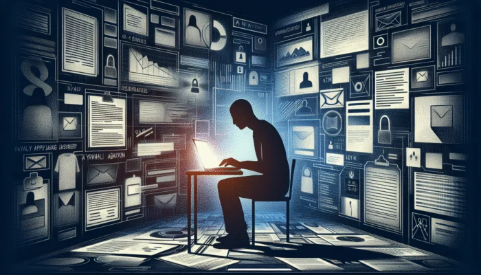 A person in a dark room using a laptop with a glowing screen showing an anonymous payday loan application.