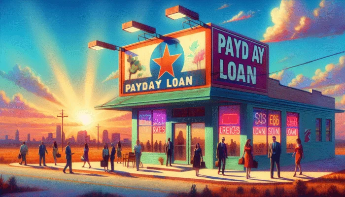 A vibrant Texas landscape with a payday loan office, people entering and exiting.
