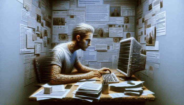 A person in Texas focused on filling out an online payday loan application, surrounded by documents.