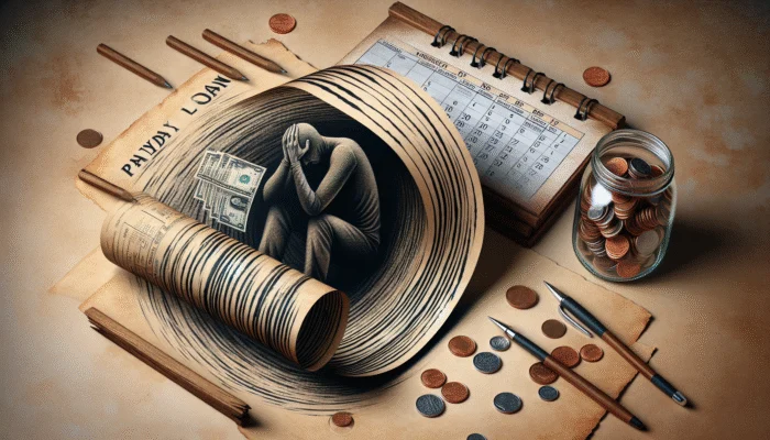 Person surrounded by bills and loan due dates, with small emergency fund jar, illustrating financial strain and need for planning.