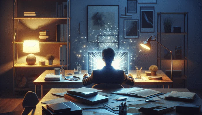 Person at desk reviewing loan documents and using calculator in home office.