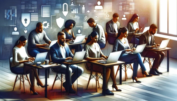 Diverse group applying for personal loans online in a modern office, using laptops and smartphones, with financial documents and credit scores on screens.