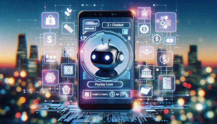 A modern chatbot interface on a smartphone with a payday loan logo, digital numbers, and currency symbols against a city skyline at dusk.