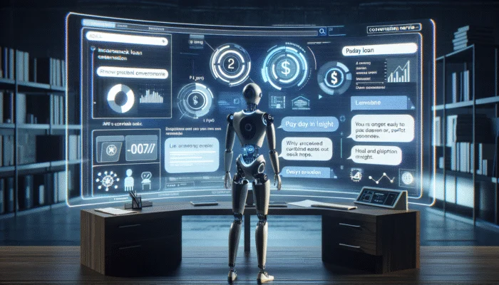 A futuristic digital interface showing a 24/7 chatbot helping a user with payday loan terms at night.