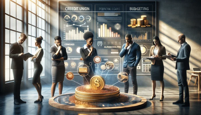 A diverse group exploring financial options like credit unions and personal loans in a modern office.