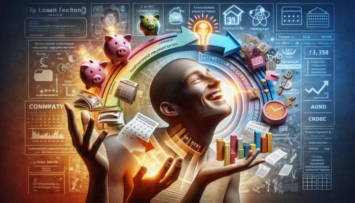 Person smiling with financial documents, symbols of lower costs, extended repayment, community support, educational resources, and transparent terms.