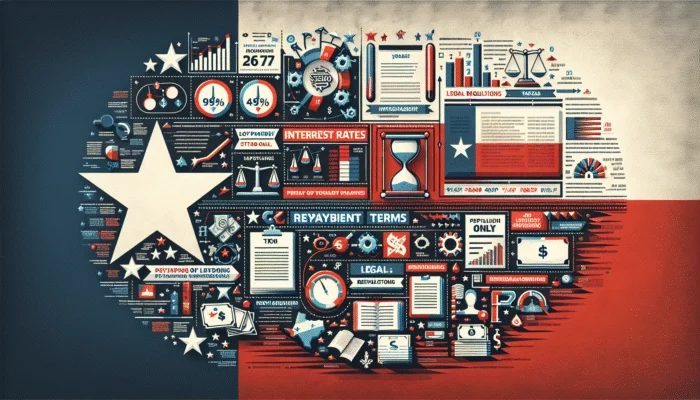 Infographic on payday loans in Texas with interest rates, terms, and regulations, Texas flag background.