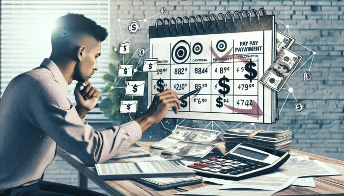 Person planning budget with financial documents and calendar for loan repayment, illustrating payday loan management strategies.
