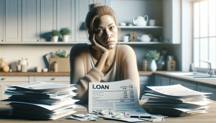 A Texas single mom at a kitchen table with bills and a Payday Loans brochure, lit by soft window light.