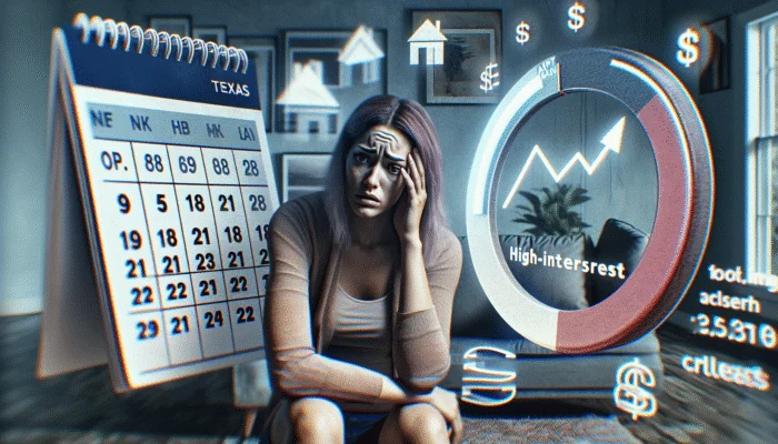 A distressed Texas single mother surrounded by high-interest loan documents, showing financial strain and worry.