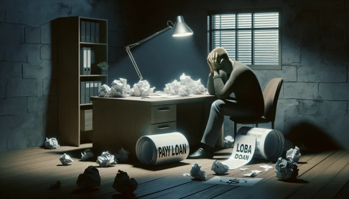 A person hiding their face in shame at a desk with overdue bills and a payday loan contract, in dim lighting.