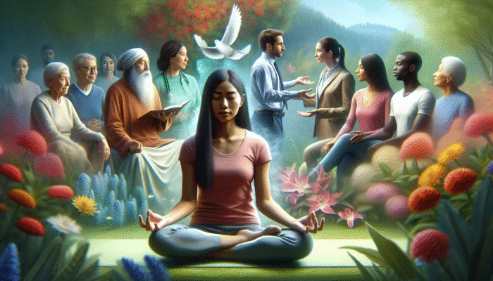 A person meditating in a garden, supported by friends, with financial and emotional help in the background.