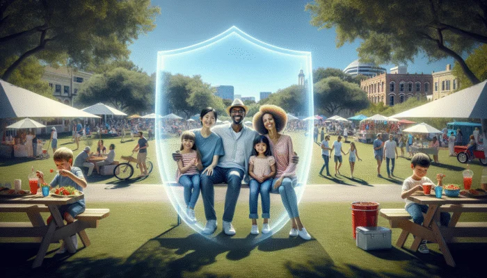 A family enjoying a sunny day in a park, surrounded by a glowing shield, at a Texas community event.