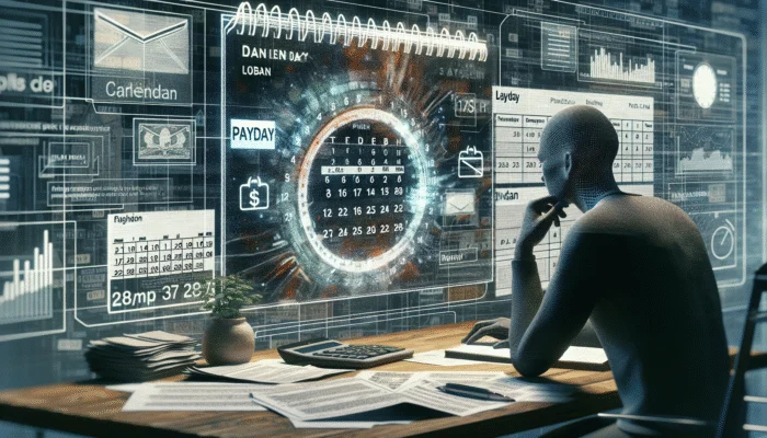 Person calculating finances with loan documents, calendar, and digital screen showing interest rates and repayment schedules.