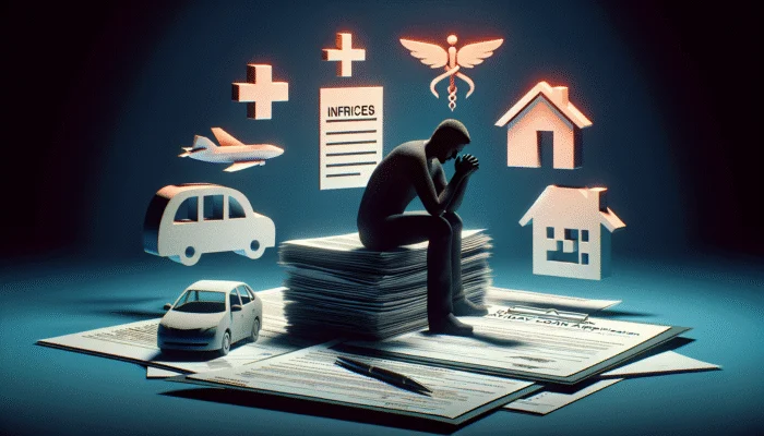 Person deciding between bills and payday loan, with symbols of urgency: medical, car, home, airplane.