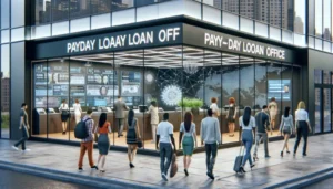 A group of people walk toward a modern glass-walled Texas building labeled "PAYDAY LOAN OFFICE." Inside, counters, digital displays, and office lighting hint at fast payday loan services and strong social media engagement.