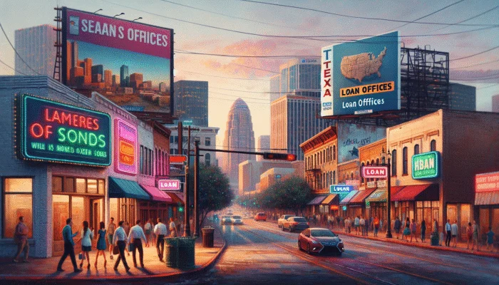 A busy Texas city street with payday loan billboards, people entering loan offices, showing varied expressions.