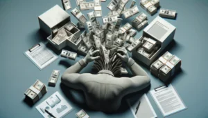 A person sits at a desk with their head in their hands as bundles of cash burst from their head. The cluttered desk, covered in documents and stacks of money, highlights overwhelming financial stress and the urgent need for effective debt strategies.