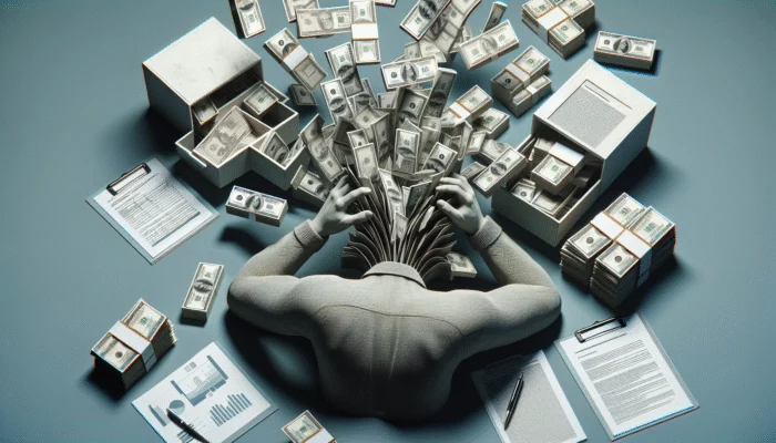 A person sits at a desk with their head in their hands as bundles of cash burst from their head. The cluttered desk, covered in documents and stacks of money, highlights overwhelming financial stress and the urgent need for effective debt strategies.