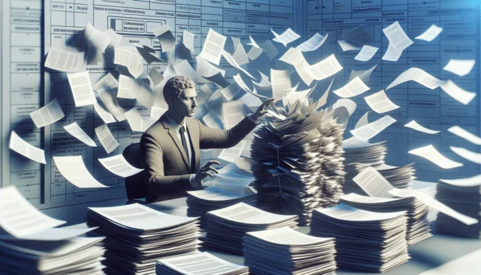 Person consolidating scattered loan documents into one stack, feeling relieved in an organized office.