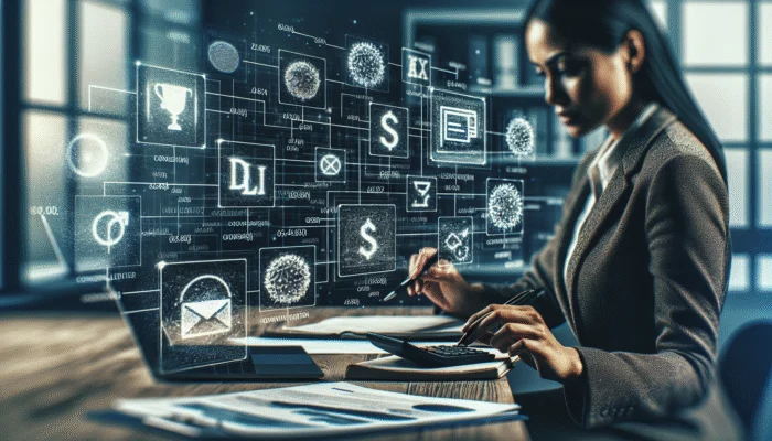 A person analyzing financial documents and interest rates on a desk, using a calculator and laptop, surrounded by lender logos.