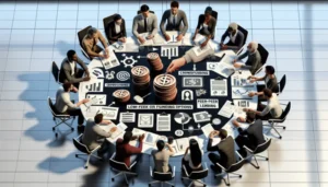 A group of people in business attire sit around a round table covered with charts, graphs, currency symbols, and documents related to low fee financing, crowdfunding, peer-to-peer lending, and smart financial strategies.
