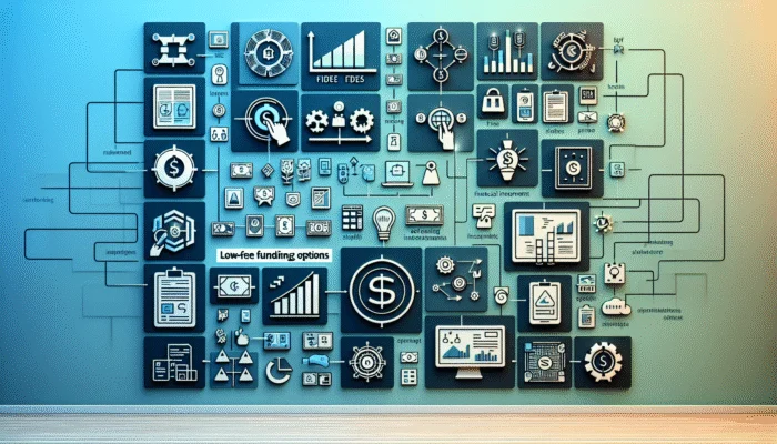 Infographic showing low-fee funding options with icons on a blue and green gradient background.