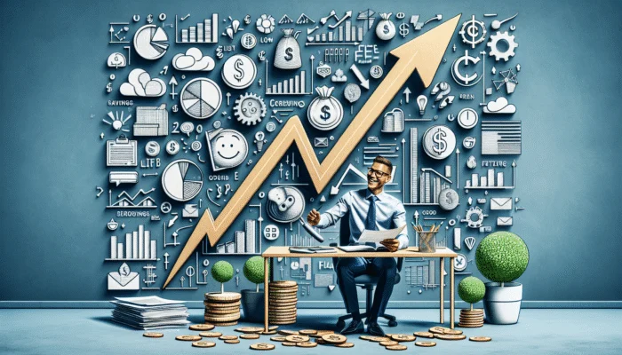 Person reviewing financial documents, surrounded by savings and growth symbols, illustrating low-fee funding benefits.