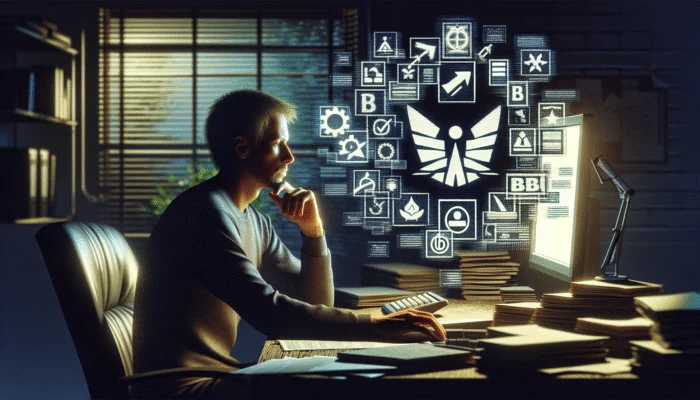 Person researching funding sources on computer, with documents, notes, and logos of Better Business Bureau and Trustpilot on screen.